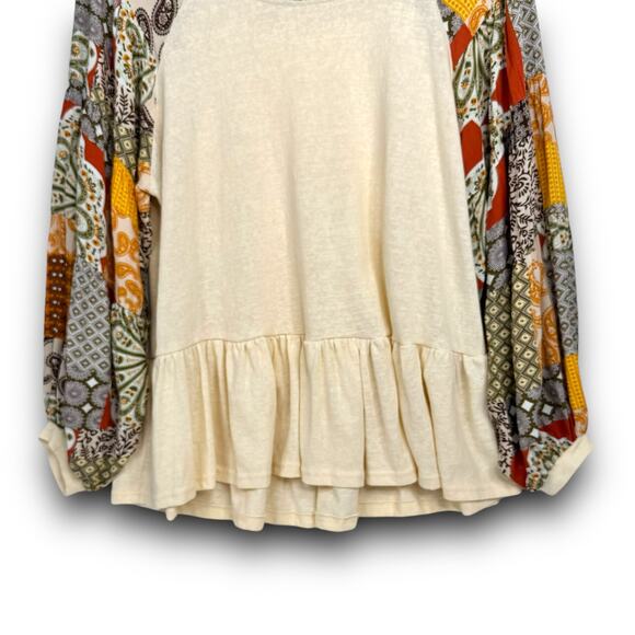 Umgee Mixed Print Balloon Sleeve Babydoll Blouse Top Boho Lightweight Size Small - Picture 4 of 9